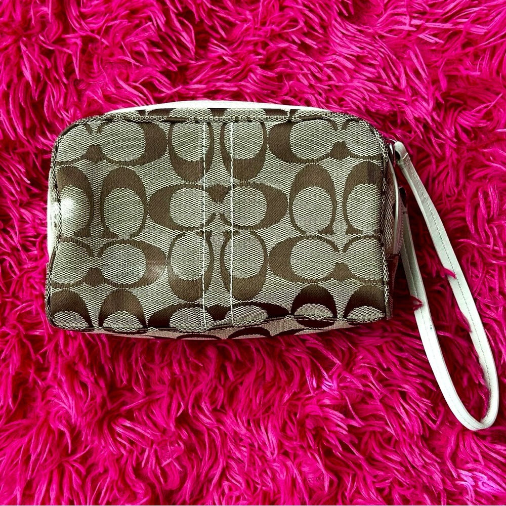 Coach Brown and White Wristlet Clutch with Signature Pattern